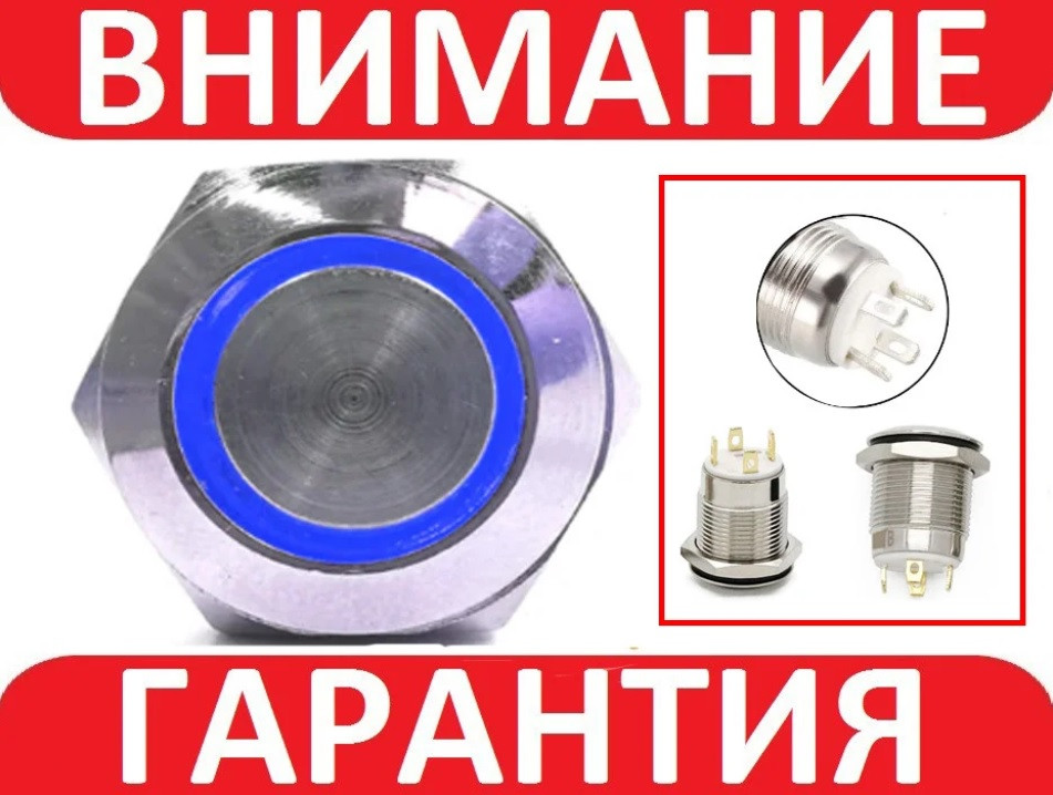 Кнопка антивандальна 22 мм 220V, без фіксації, СИНЯ ПІДСВІТКА