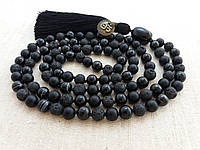 Чотки 108 намистин із Чорного агату Лави Онікса із вузлами символ ОМ d 8мм