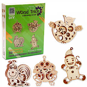 Дерев'яний конструктор Wood Trick міні-3D пазлів №3 (яблуко, жаба, равлик, пряник)