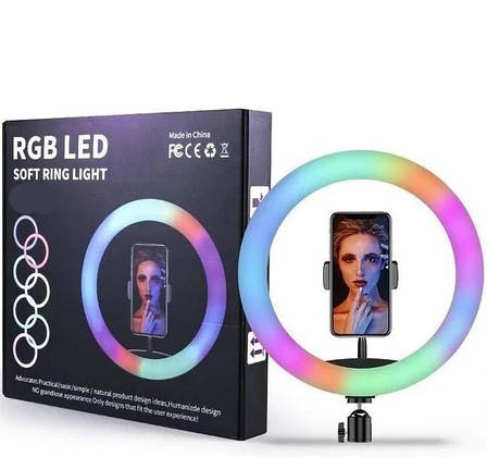 Лед-лампа кільцева для студійного освітлення Ring RGB MJ 26 26см з пультом і штативом для фото і відео, фото 1