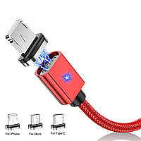 Магнітний кабель для зарядки і передачі даних Uslion US0142 3в1 1m 3.0A для microUSB+Type-C+IPhone Red