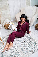 Жіноча піжама шовкова бордова з кантом (сорочка, штани, майка, шорти) Розміри 42-52