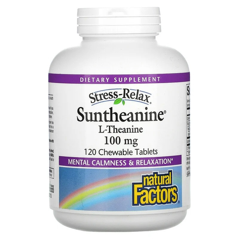 L-Теанін Natural Factors "Suntheanine" зі смаком тропічних фруктів, 100 мг (120 жувальних таблеток)