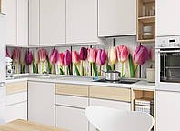 Скинали на кухню  "Тюльпаны" 600х2500 мм розовый виниловая 3Д наклейка кухонный фартук самоклеящаяся.Хит!.Топ!