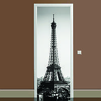 Наклейка на двері чорно-біла Ейфелева вежа 01 650х2000 мм вінілова 3Д-наклейка декор самоклейна.Топ!