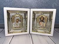 Иконы пара венчальная Спаситель Казанская в деревянном белом киоте под стеклом 20*17 см