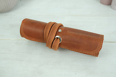 Пенал "Скручування на 6 кишені" з натуральної шкіри колір Коньяк