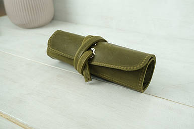 Пенал "Скручування на 6 кишені" з натуральної шкіри колір Оливковий