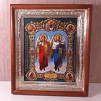 Икона Михаил и Гавриил Архангелы, лик 15х18 см, в светлом прямом деревянном киоте