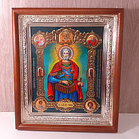 Икона Мина святой великомученик, лик 15х18 см, в светлом прямом деревянном киоте