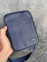 Мужская прямоугольная текстильная сумка мессенджер Lacoste Лакоста синяя барсетка с ремнем через плечо