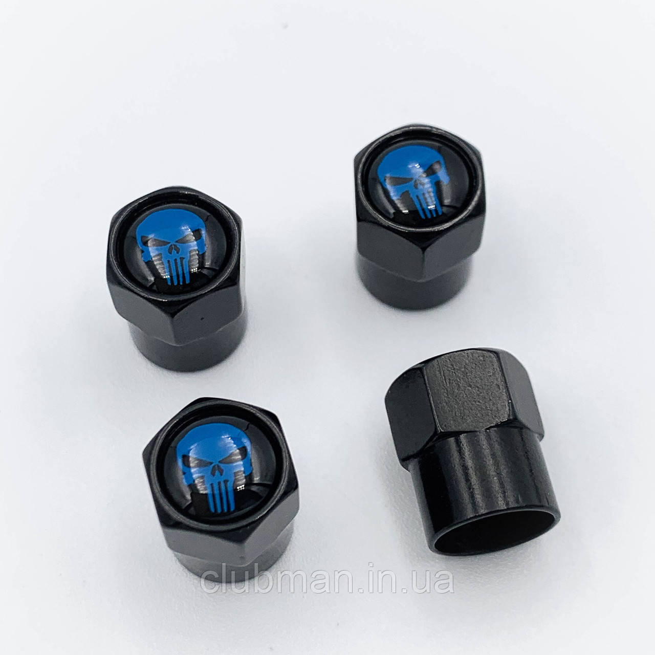 Захисні ковпачки на ніпеля "Череп Каратель" (Punisher) 4 шт Синій лого Чорні