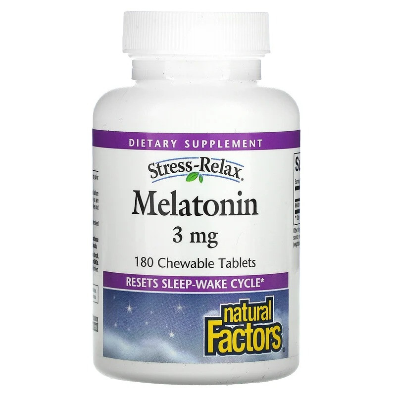 Мелатонін Natural Factors, Stress-Relax "Melatonin" зі смаком м'яти, 3 мг (180 жувальних таблеток), фото 1