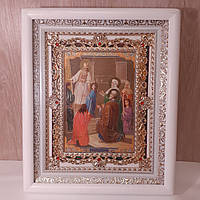 Ікона Введення в храм Пресвятої Богородиці, лик 15х18 см, в білому кіоті з камінням