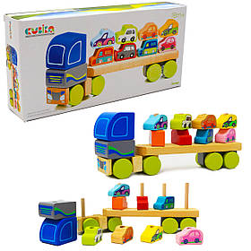 Дитячий дерев'яний конструктор Тягач з машинками Cubika (Кубика) 13418. Дерев'яні іграшки