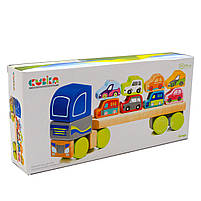 Дитячий дерев'яний конструктор Тягач з машинками Cubika (Кубика) 13418. Дерев'яні іграшки, фото 6