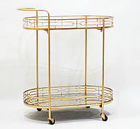 Сервировочный столик золотой на колесах металлический со стеклянной столешницей