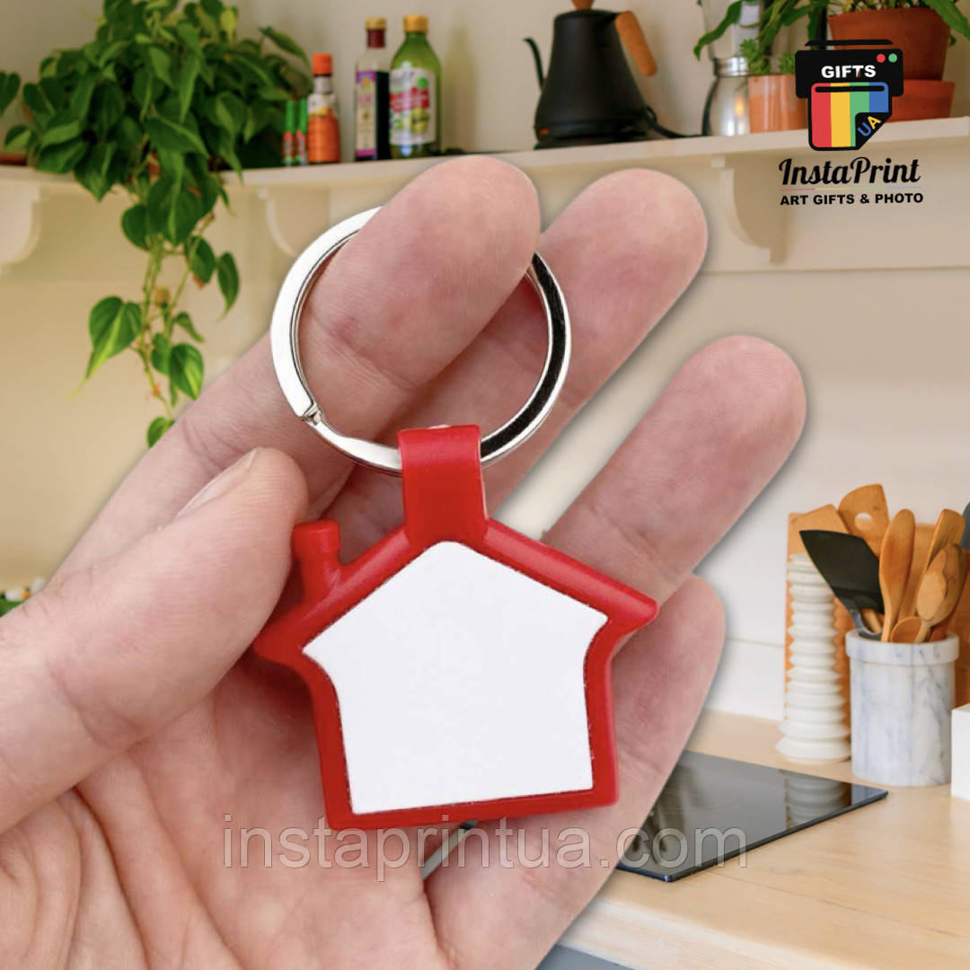 Брелок будинок пластиковий двосторонній червоний + друк. Друк на Брелоках, фото 1