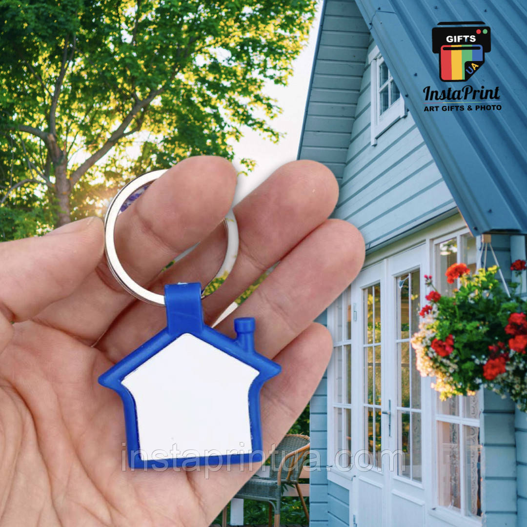 Брелок будинок пластиковий двосторонній синій + друк. Друк на Брелоках, фото 1