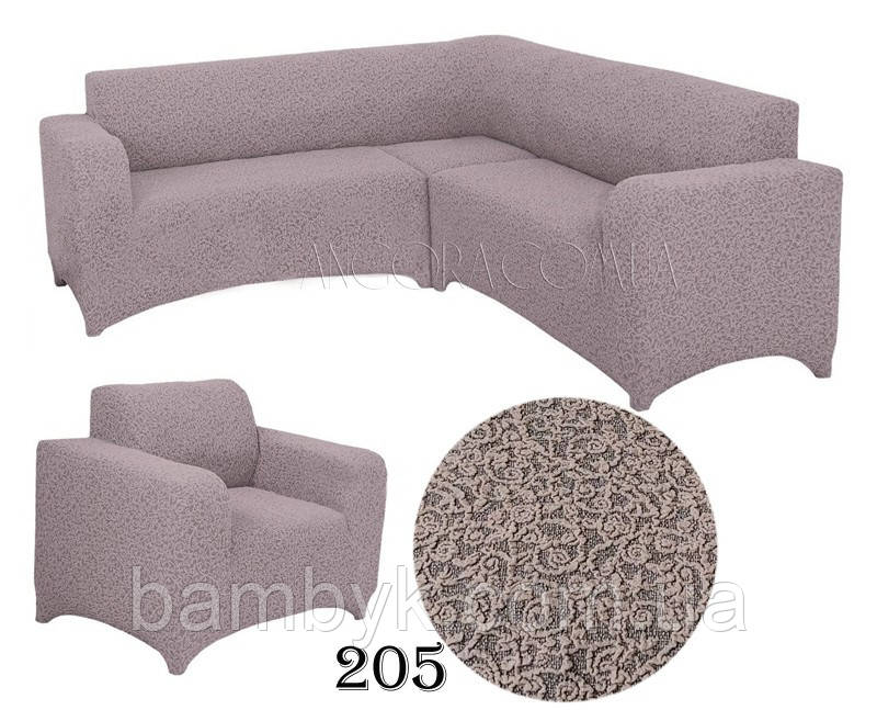 Чохол на диван кутовий +1 чохол на крісло жакардовий без оборки, рюшів Venera какао (багато кольорів)