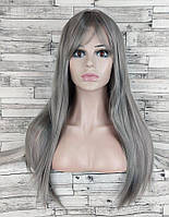 Парик серый пепельный длинный прямой с челкой и пробором женский для женщин 70см из искусственных волос