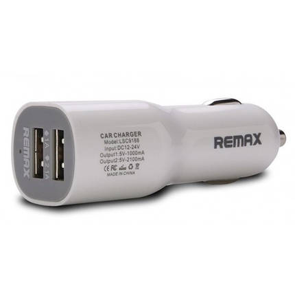 Автомобільна зарядка Remax на 2 USB (1.0A/2.1A) довга версія, фото 1