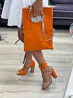 Эксклюзивные женские замшевые туфли открытые, оранжевые. Туфли натуральная замша на каблуке яркие оранжевые