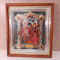 Икона Киприян и Иустина святые священомученик и мученица , лик 15х18 см, в светлом прямом деревянном киоте