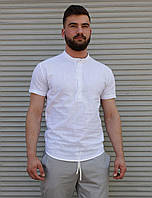 Мужская стильная льняная рубашка , воротник стойка (белая) XL