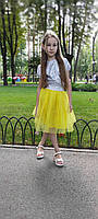 Жовта фатинова спідниця на дівчинку двошарова зі срібним поясом р. 104-170