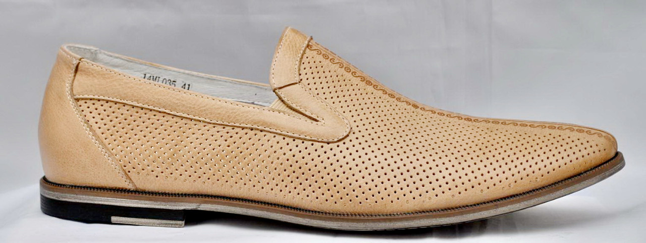 Розміри 39, 40, 41, 42  Туфлі чоловічі літні з натуральної шкіри світло-бежеві повнорозмірні  Tezoro 14ML035