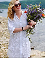 Пляжная туника - рубашка женская большие размеры Анталья белая из натурального хлопка с вышивкой L