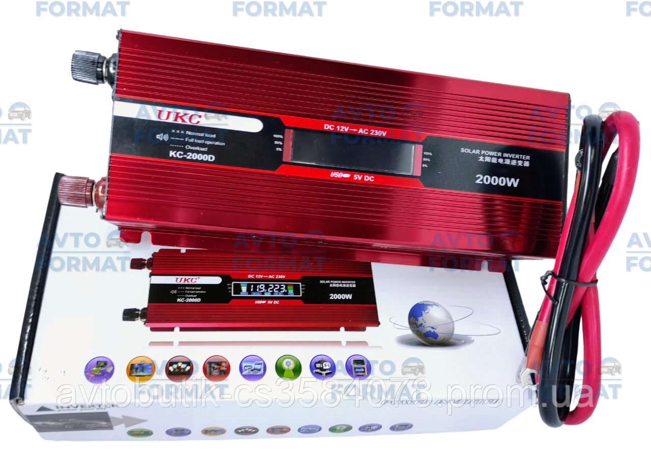 Авто інвертор UKC 12V-220V 2000W, Перетворювач напруги 12В-220В 2000Вт, фото 1