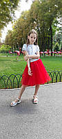 Красная пышная юбка из фатина для девочки двуслойная с серебряным поясом р.104-170