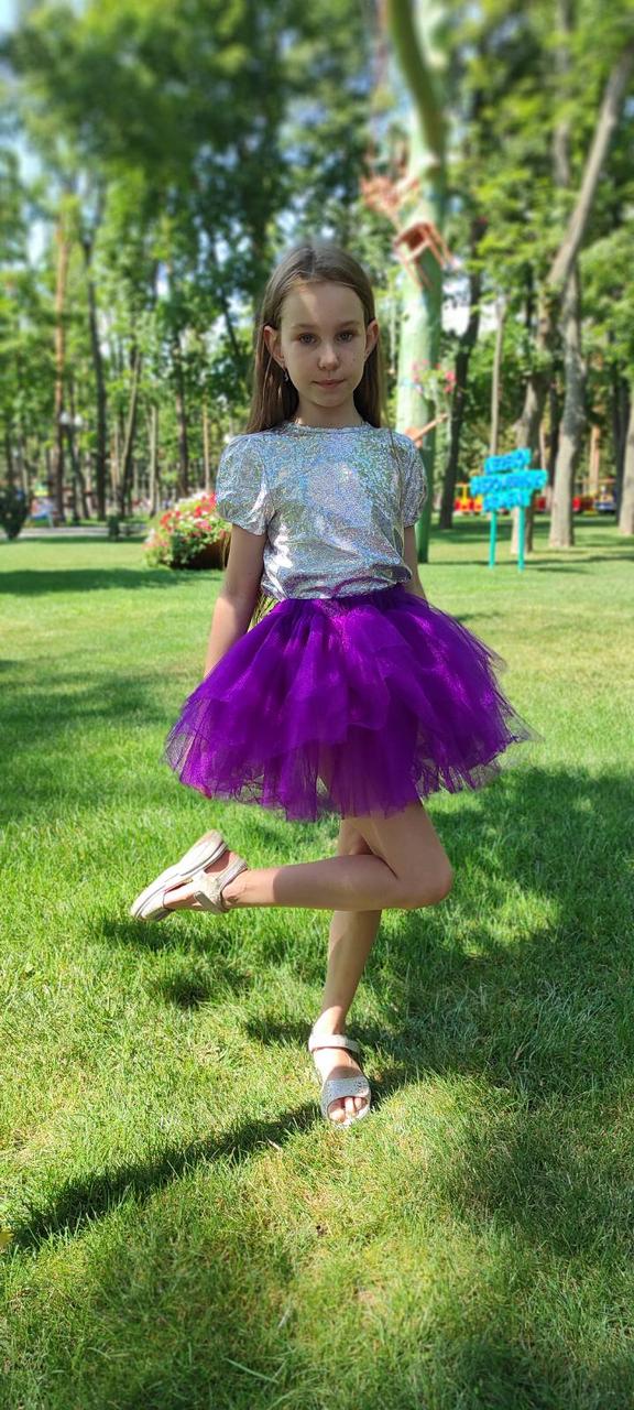 Фіолетова фатинова спідниця для дівчинки багатошарова на 3-9 років, фото 1