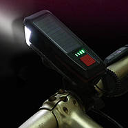 Велофара з сонячною батареєю і дзвінком 2-в-1 червона, ліхтар з сигналом, акумулятор, USB, виносний кнопкою, фото 6