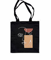 Эко-сумка шоппер рисунок одной линией девушка с сережкой ручная роспись ручная работа З блискавкою, Чорний