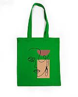 Эко-сумка шоппер рисунок одной линией девушка с сережкой ручная роспись ручная работа Без застежки, Зелений