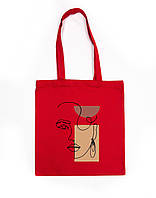 Эко-сумка шоппер рисунок одной линией девушка с сережкой ручная роспись ручная работа Без застежки, Червоний
