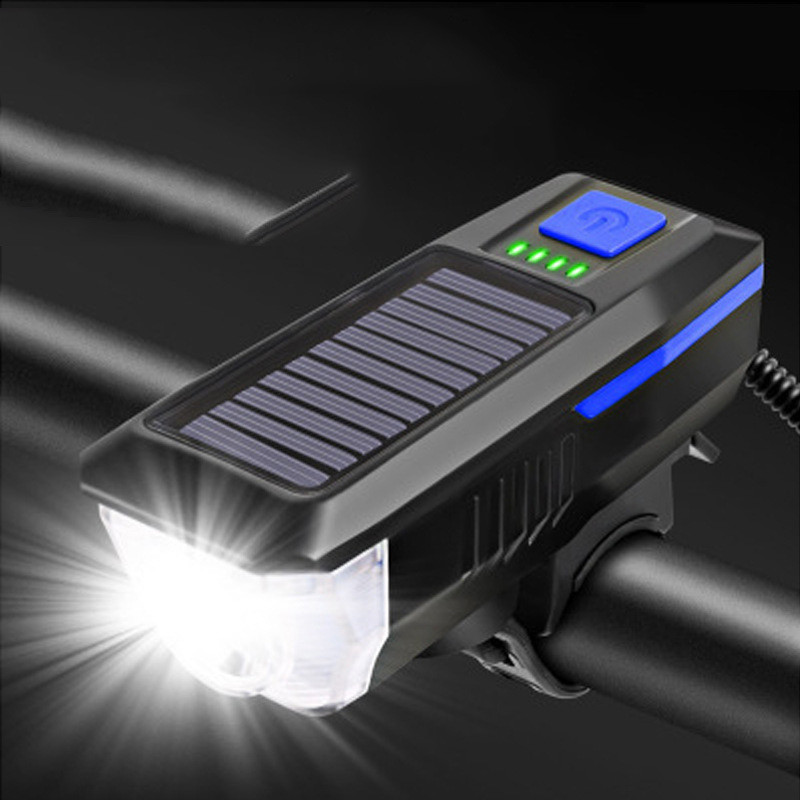 Велосипедний ліхтарик з сонячною батареєю і дзвінком, синій, вело фара з акумулятором USB і зовнішньої кнопкою
