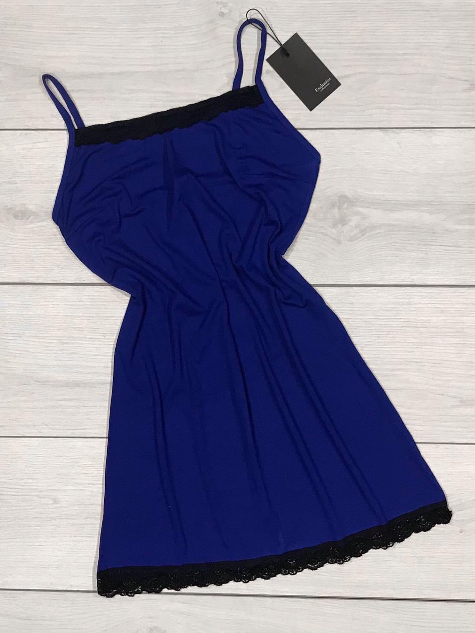 Синій короткий пеньюар із віскози з чорним мереживом, пеньюари жіночі.