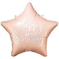 Фольгированный шарик PartyDeco 18"(45 см) Звезда Happy Birthday розовая пудра с серебристой надписью голограма