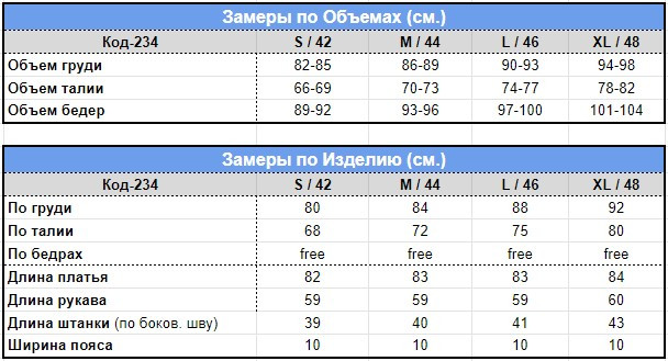 234 Размерная сетка