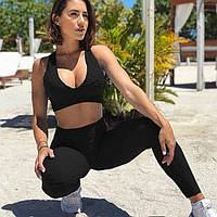 Спортивный женский костюм для фитнеса бега йоги. Спортивные лосины леггинсы топ для фитнеса, р. L (черный)
