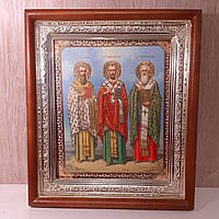 Икона Василий, Григорий и Иоанн  святые, лик 15х18 см, в светлом прямом деревянном киоте