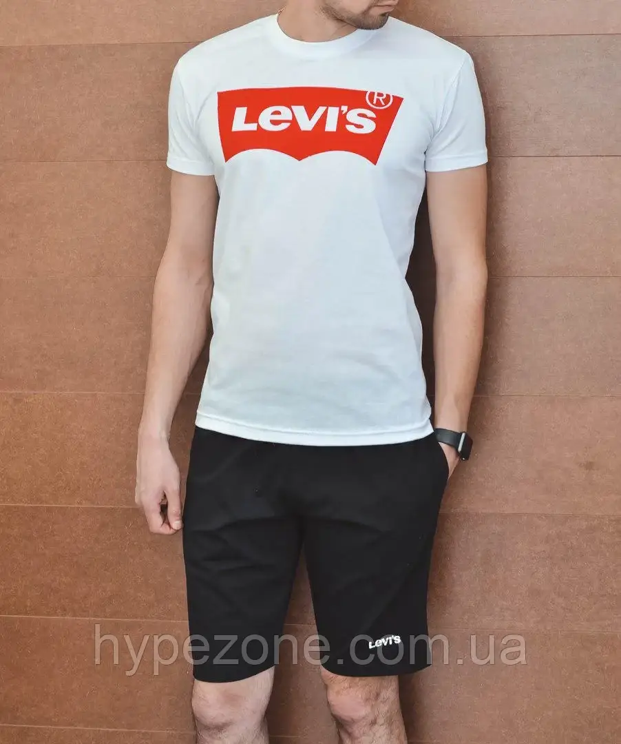 Чоловий комплект Levis футболка + шорти Левіс Спортивний костюм літній Ливайс білого і чорного кольору