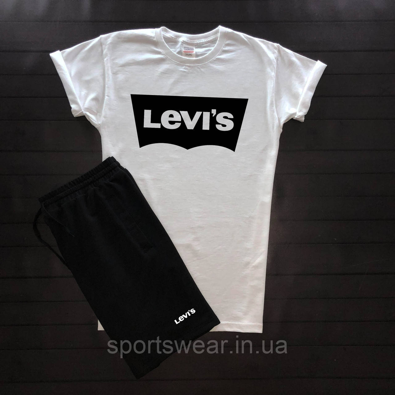 Чоловічий комплект Levis футболка + шорти Левіс Костюм літній бавовняний білого чорного кольору з принтом Левайс