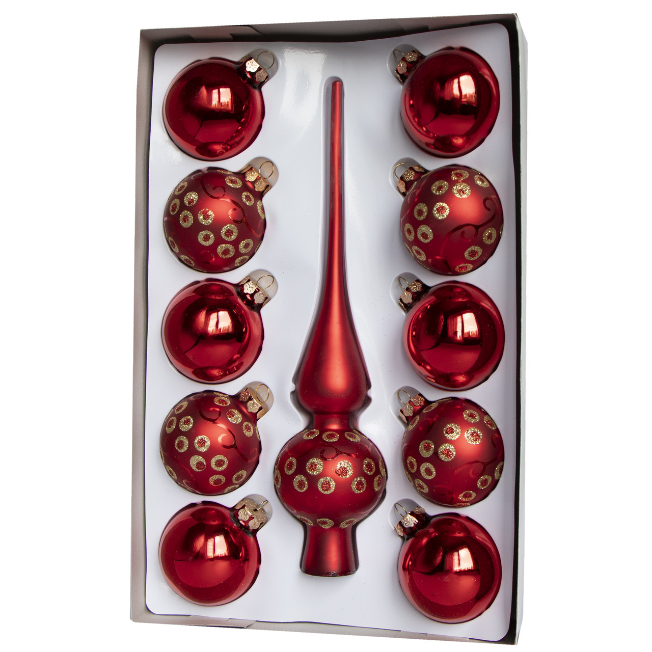 Набір ялинкових іграшок кулі з верхівкою, 11 шт, D6 см, червоний, скло, в крапку (390236-13), фото 1