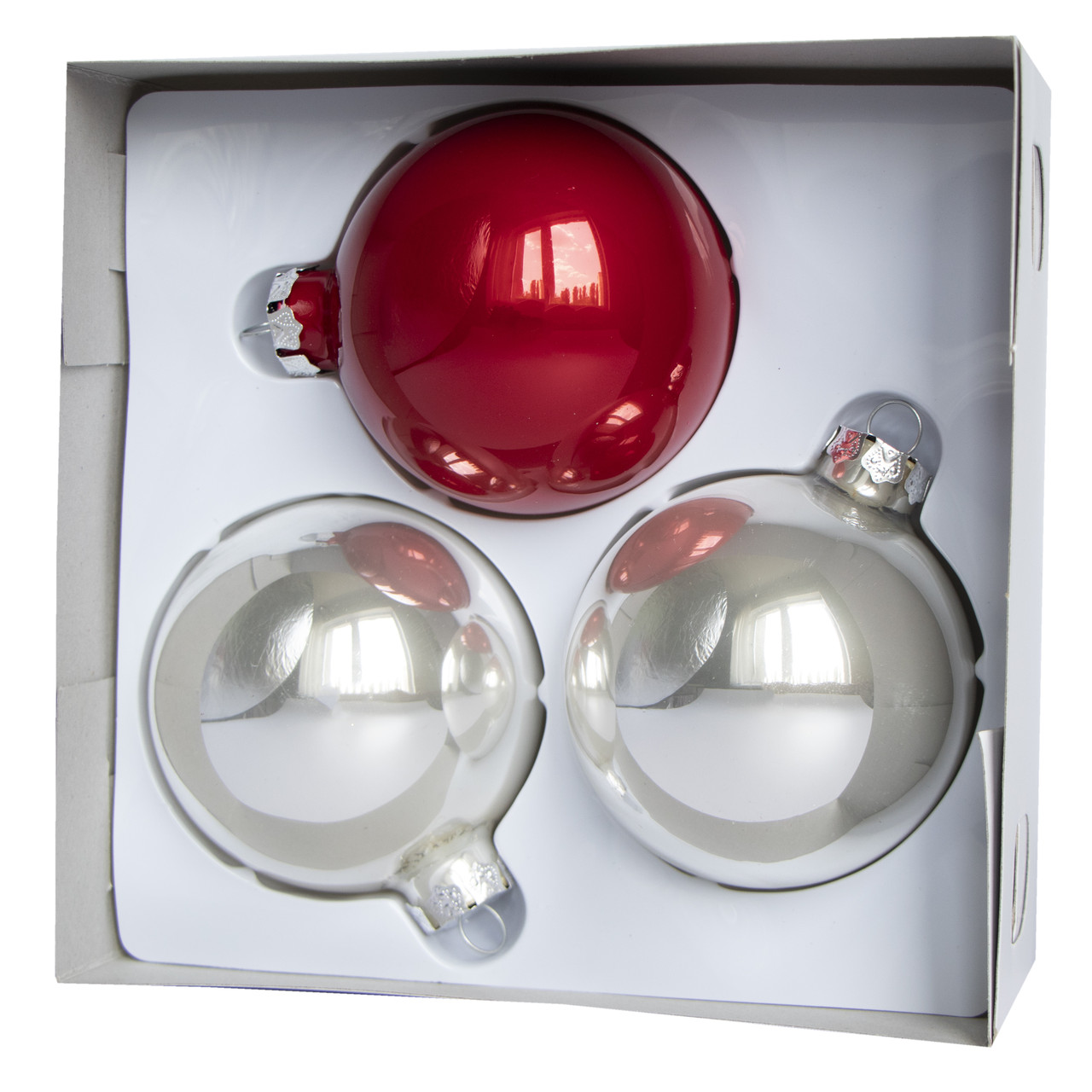 Набір ялинкових куль, 3 шт, D8 см, сріблястий, червоний, скло (390656-7), фото 1