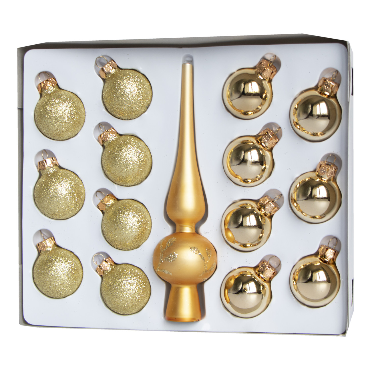 УЦІНКА Набір ялинкових іграшок - міні-кулі з верхівкою, 15 шт, D3 см, золотистий, глянець, гліттер, скло (390748-6), фото 1